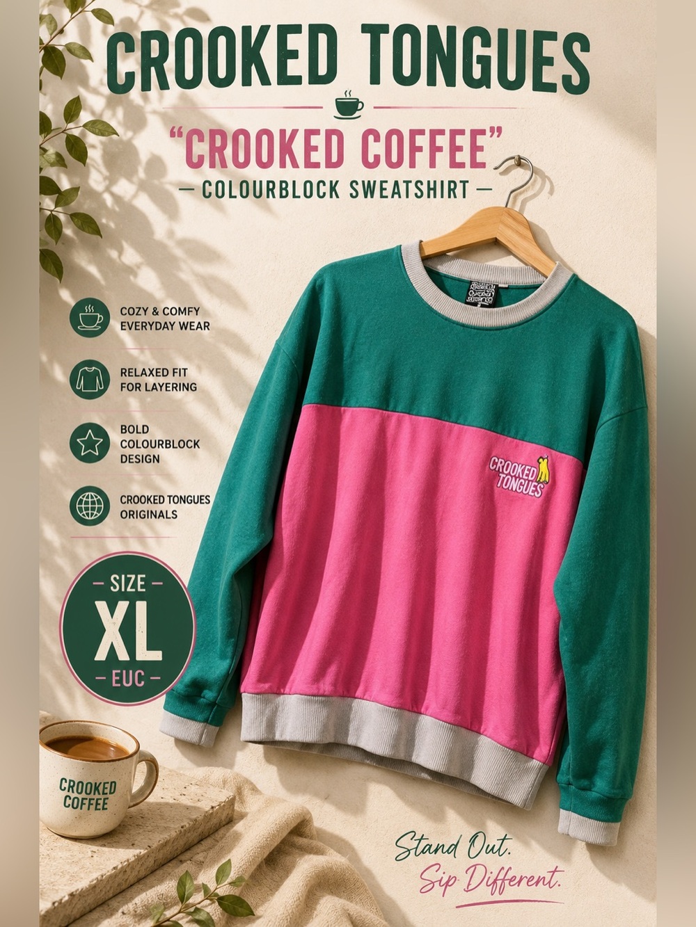 Crooked Tongues “Crooked Coffee” Colourblock Sweatshirt Size XL